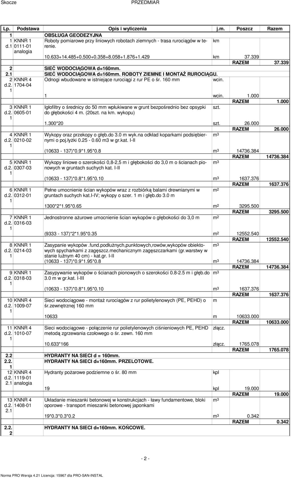 2. 24-3 9 KNNR d.2. 38-3 d.2. 9-7 d.2. -7 Odnogi wbudowane w istniejące rurociągi z rur PE o śr. 6 mm wcin.. Igłofiltry o średnicy do 5 mm wpłukiwane w grunt bezpośrednio bez opsypki szt.