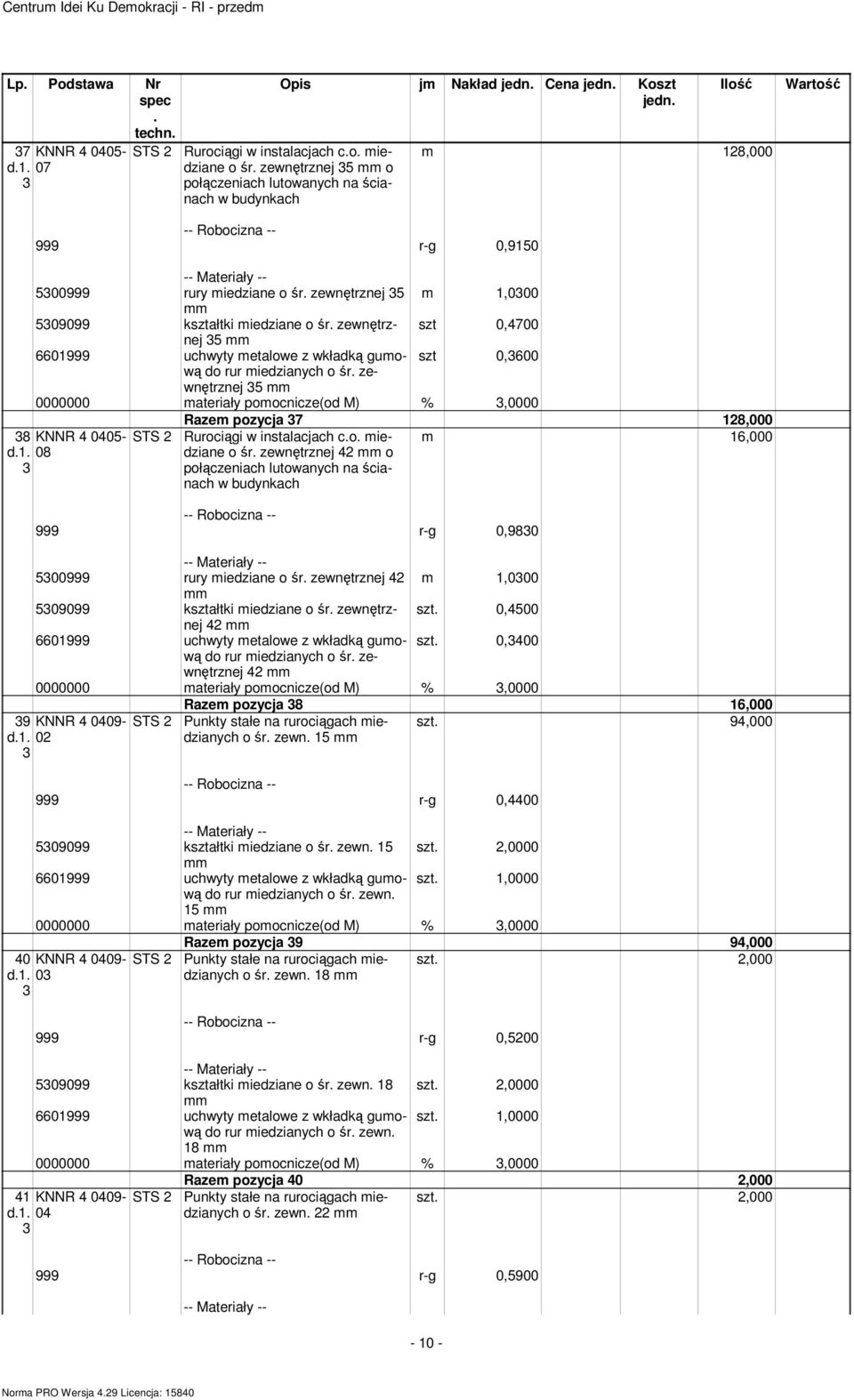 ateriały poocnicze(od M) %,0000 8 KNNR 4 0405- STS d 08 Raze pozycja 7 8,000 Rurociągi w instalacjach co iedziane 6,000 o śr zewnętrznej 4 o połączeniach lutowanych na ścianach w budynkach 999 r-g