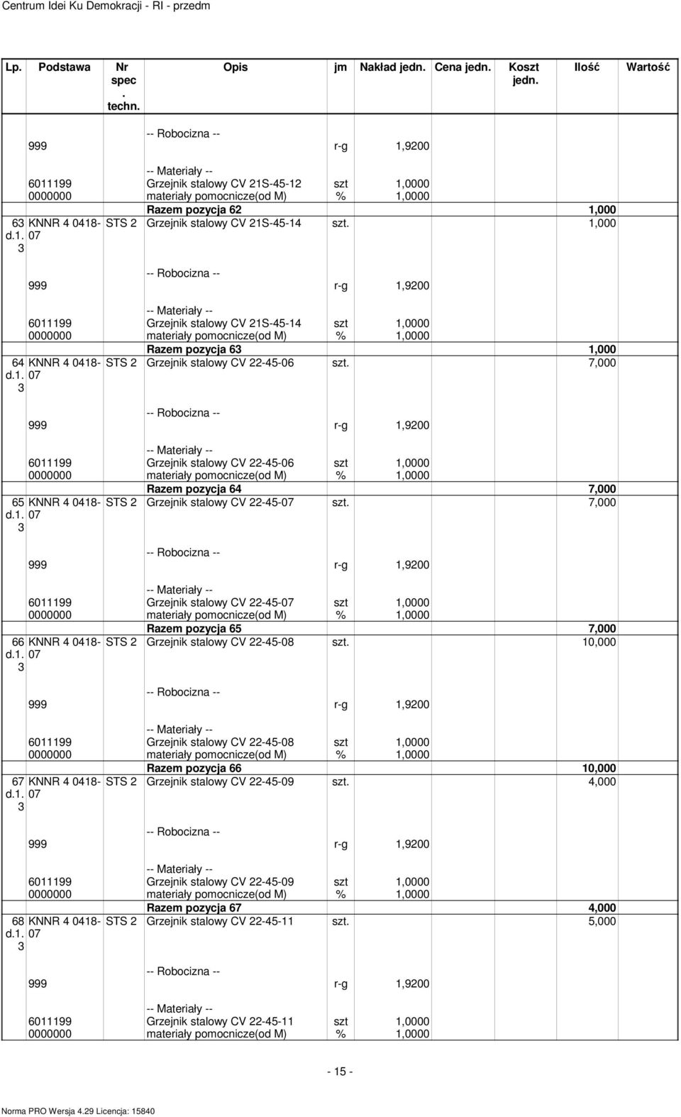 Grzejnik stalowy CV -45-06 szt,0000 0000000 ateriały poocnicze(od M) %,0000 65 KNNR 4 048- d 07 Raze pozycja 64 7,000 STS Grzejnik stalowy CV -45-07 7,000 999 r-g,900 6099 Grzejnik stalowy CV -45-07