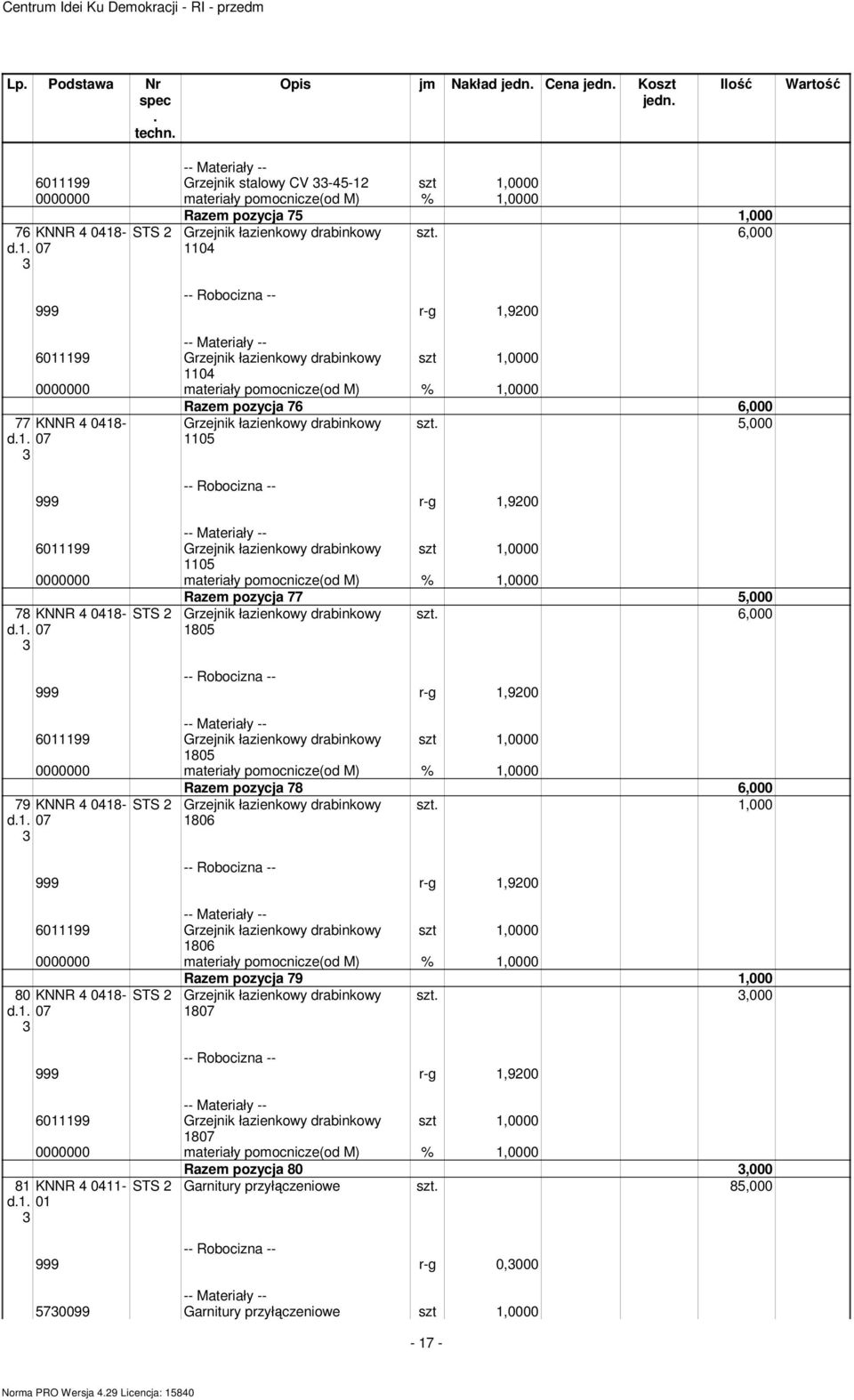 r-g,900 6099 Grzejnik łazienkowy drabinkowy szt,0000 05 0000000 ateriały poocnicze(od M) %,0000 78 KNNR 4 048- STS d 07 Raze pozycja 77 5,000 Grzejnik łazienkowy drabinkowy 6,000 805 999 r-g,900 6099