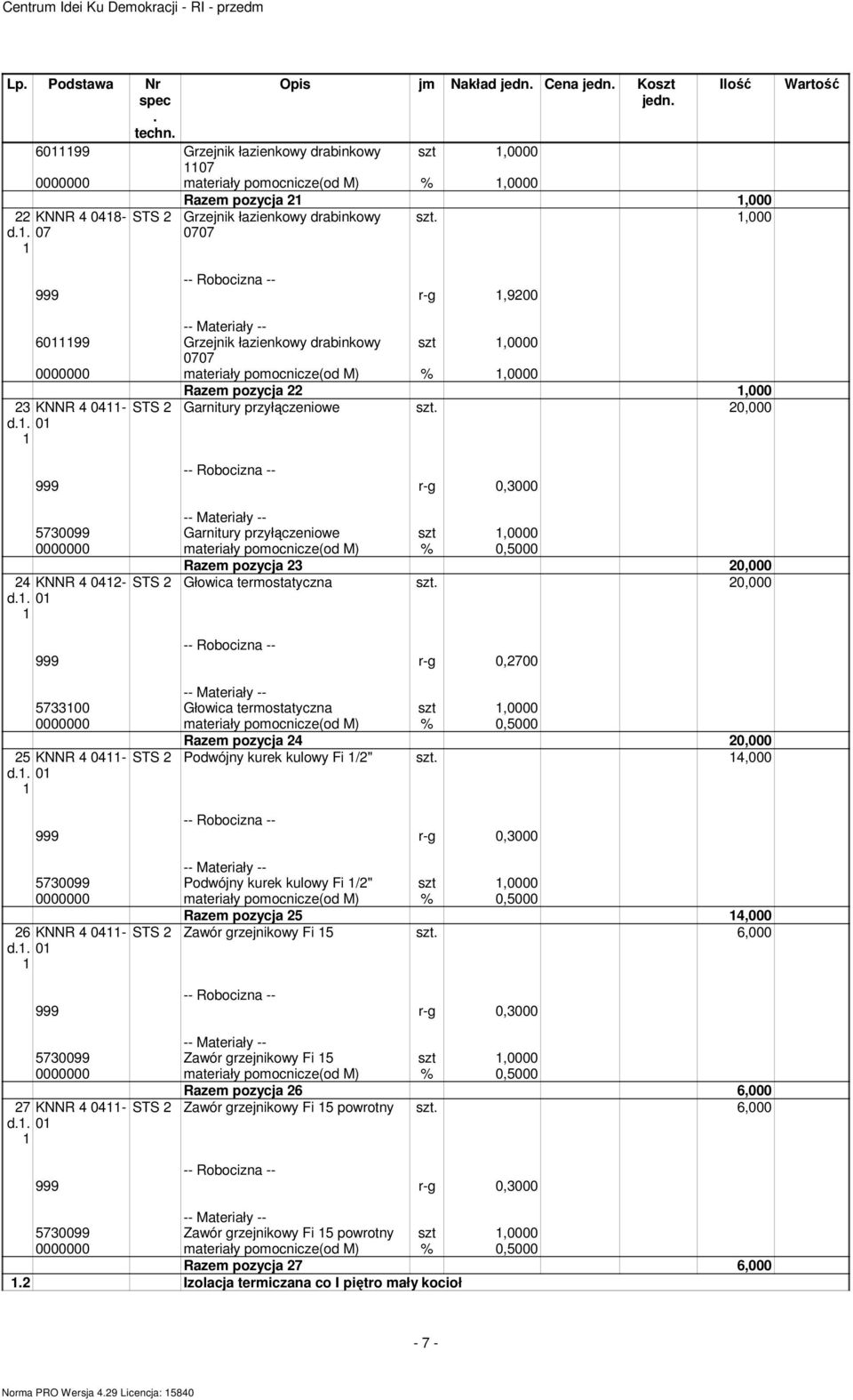 r-g 0,000 570099 Garnitury przyłączeniowe szt,0000 0000000 ateriały poocnicze(od M) % 0,5000 4 KNNR 4 04- d 0 Raze pozycja 0,000 STS Głowica terostatyczna 0,000 999 r-g 0,700 5700 Głowica