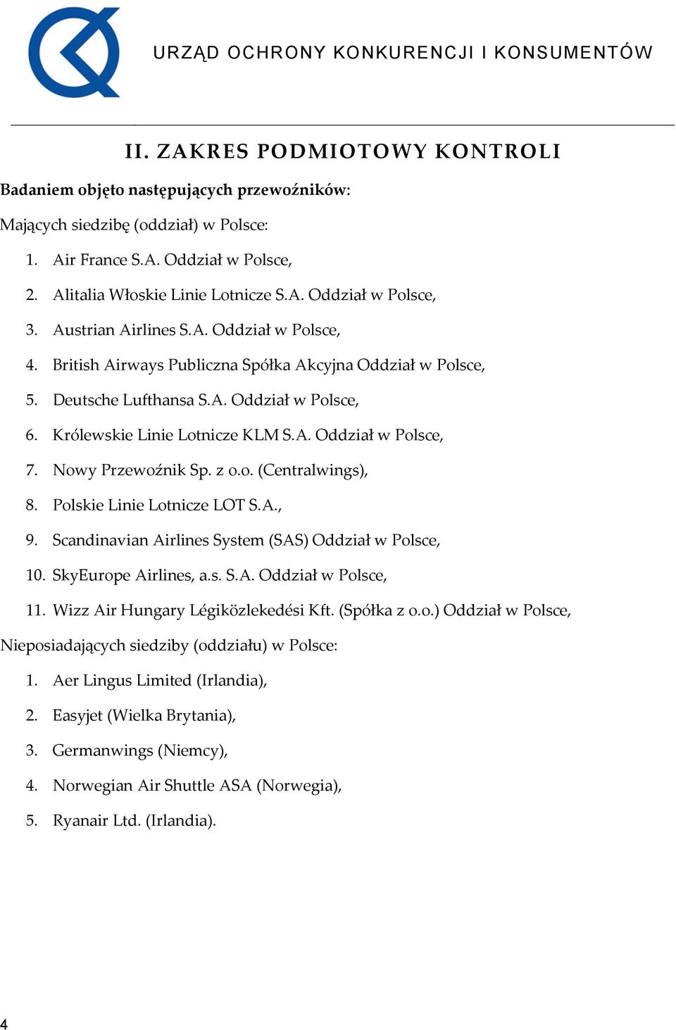 Nowy Przewoźnik Sp. z o.o. (Centralwings), 8. Polskie Linie Lotnicze LOT S.A., 9. Scandinavian Airlines System (SAS) Oddział w Polsce, 10. SkyEurope Airlines, a.s. S.A. Oddział w Polsce, 11.