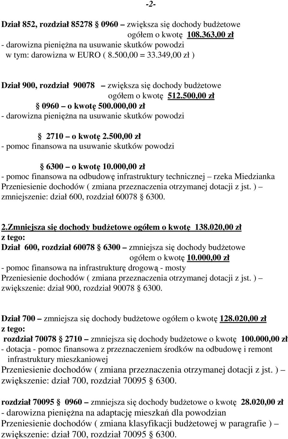 500,00 zł - pomoc finansowa na usuwanie skutków powodzi 6300 o kwotę 10.