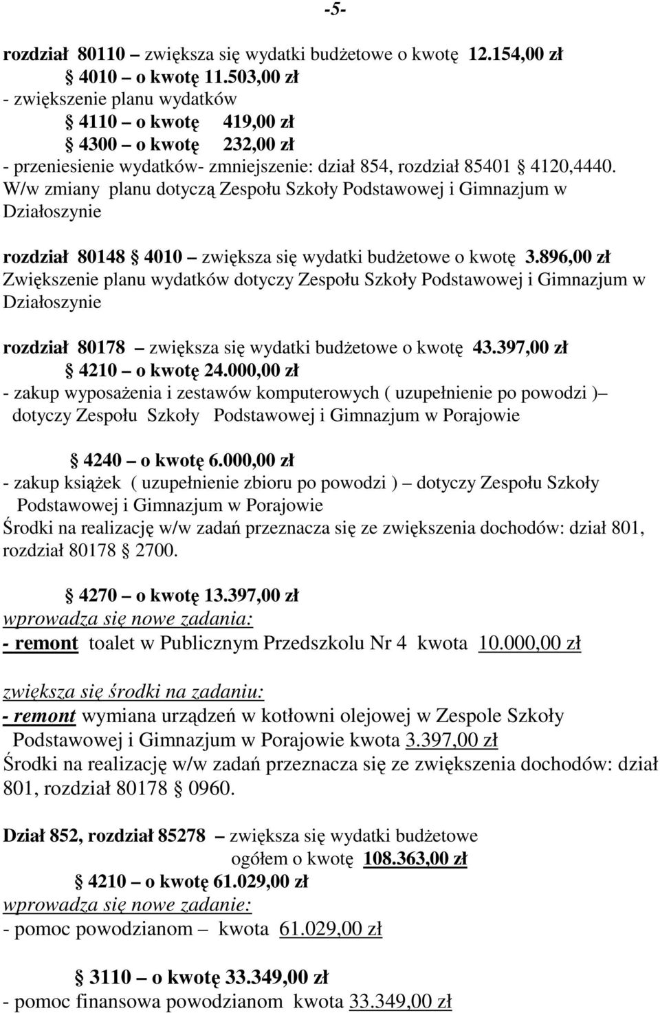 W/w zmiany planu dotyczą Zespołu Szkoły Podstawowej i Gimnazjum w Działoszynie -5- rozdział 80148 4010 zwiększa się wydatki budżetowe o kwotę 3.