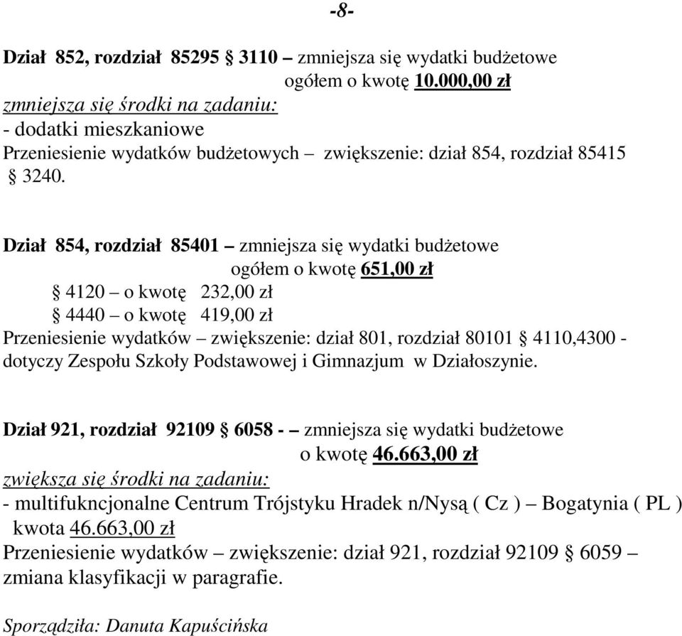 4110,4300 - dotyczy Zespołu Szkoły Podstawowej i Gimnazjum w Działoszynie. Dział 921, rozdział 92109 6058 - zmniejsza się wydatki budżetowe o kwotę 46.