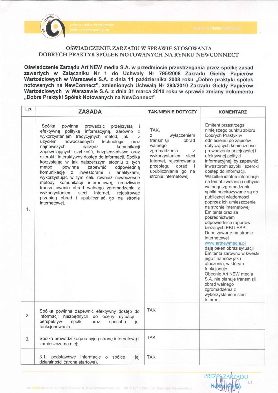 A. z dnia 11 pa2dziernika 2008 roku,,dobre praktyki sp6tek notowanych na NewConnect", zmienionych Uchwalq Nr 293/2010 Zarzqdu Gieldy Papier6w Warto6ciowych w Warszawie S.A. z dnia 31 marca 2010 roku w sprawie zmiany dokumentu,,dobre Praktyki Sp6lek Notowanych na NewConnect" L.