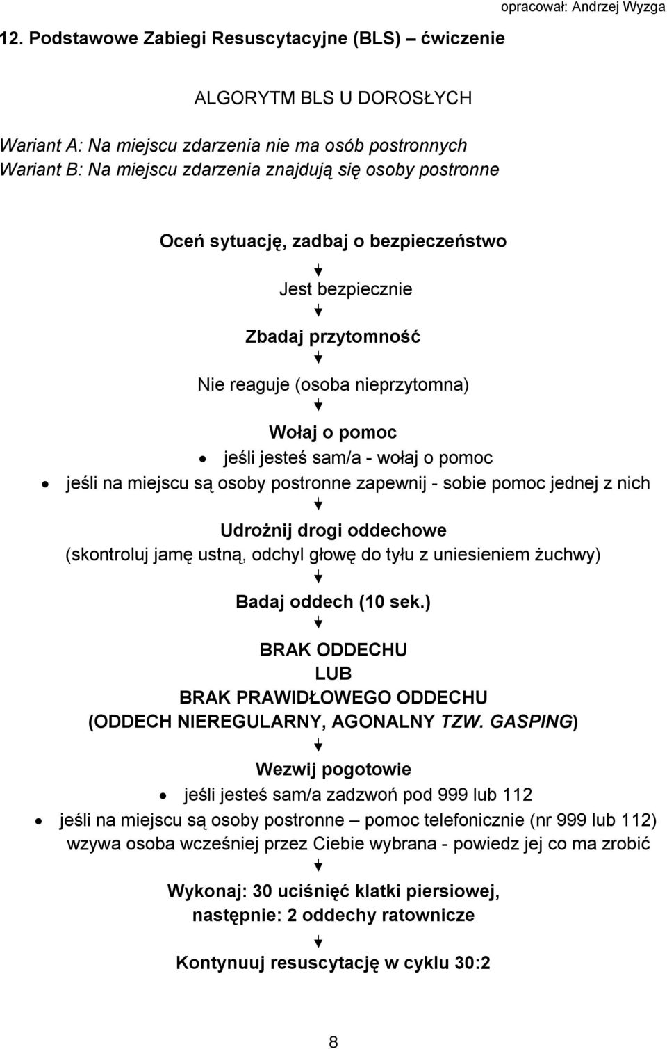 miejscu są osoby postronne zapewnij - sobie pomoc jednej z nich Udrożnij drogi oddechowe (skontroluj jamę ustną, odchyl głowę do tyłu z uniesieniem żuchwy) Badaj oddech (10 sek.