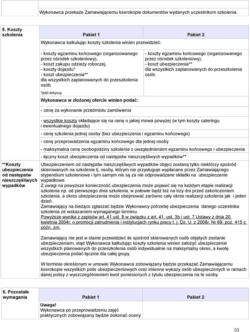 koszt ubezpieczenia** dla wszystkich zaplanowanych do przeszkolenia osób.