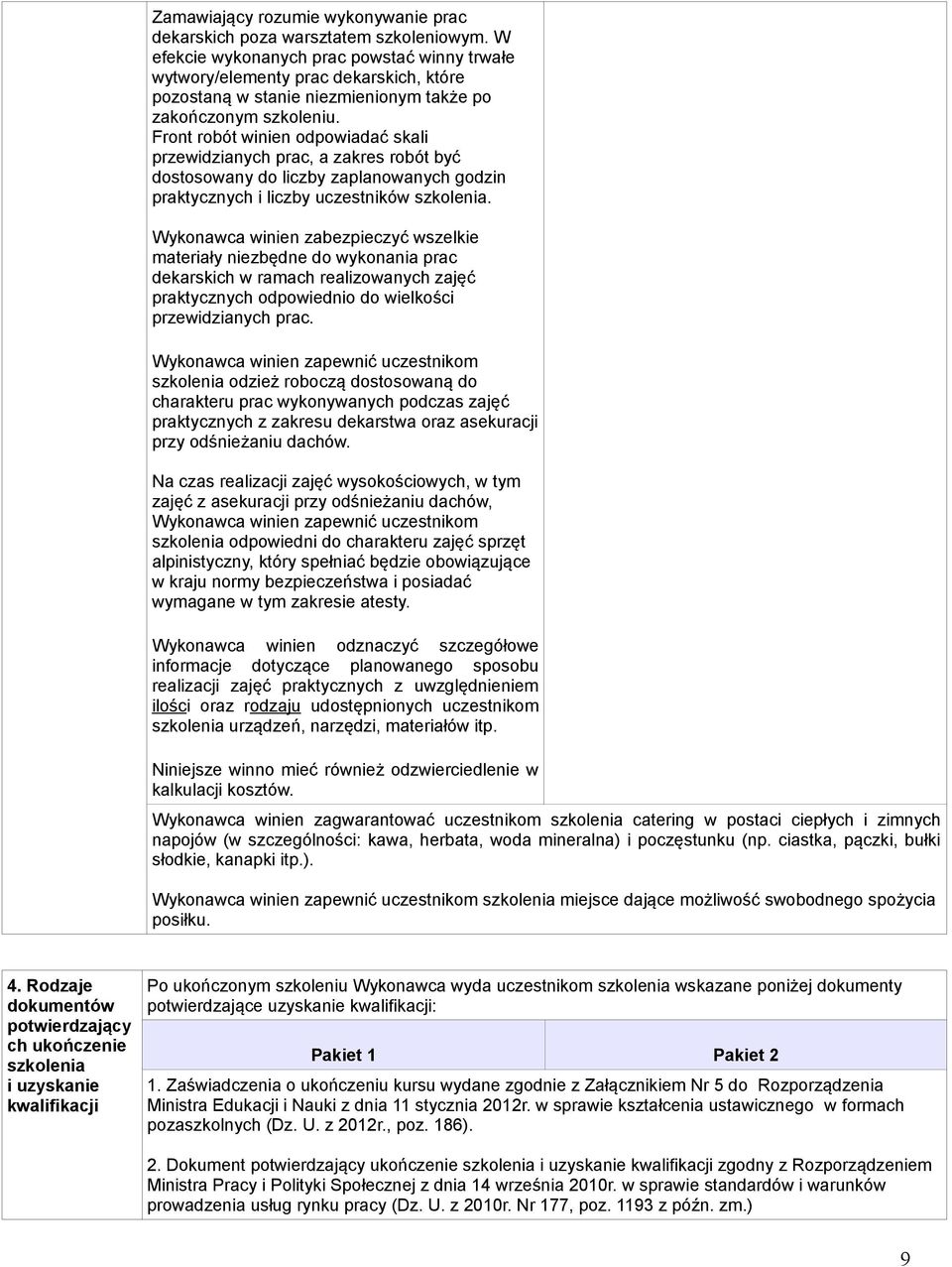 Front robót winien odpowiadać skali przewidzianych prac, a zakres robót być dostosowany do liczby zaplanowanych godzin praktycznych i liczby uczestników szkolenia.