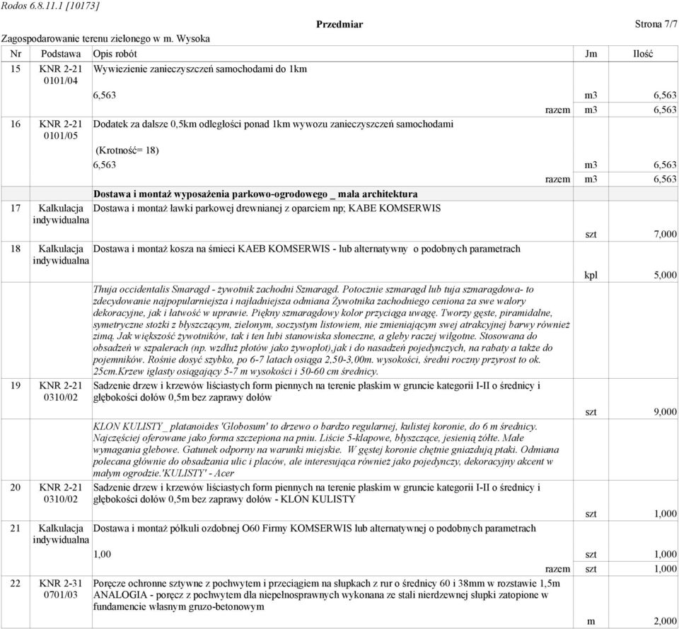 ławki parkowej drewnianej z oparciem np; KABE KOMSERWIS indywidualna szt 7,000 18 Kalkulacja Dostawa i montaż kosza na śmieci KAEB KOMSERWIS - lub alternatywny o podobnych parametrach indywidualna