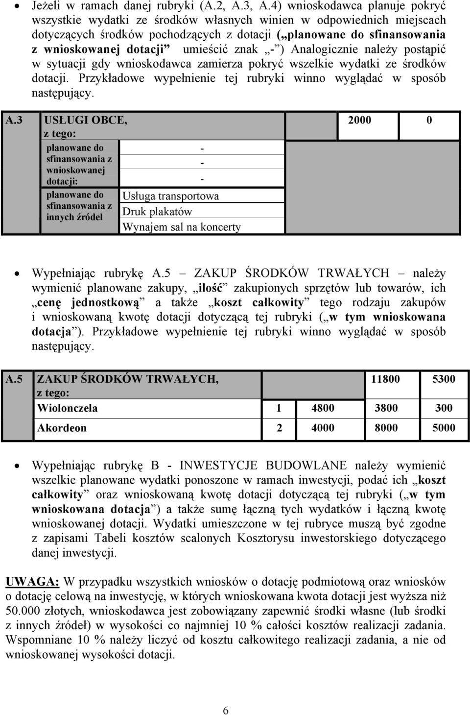 umieścić znak ) Analogicznie należy postąpić w sytuacji gdy wnioskodawca zamierza pokryć wszelkie wydatki ze środków dotacji. Przykładowe wypełnienie tej rubryki winno wyglądać w sposób następujący.