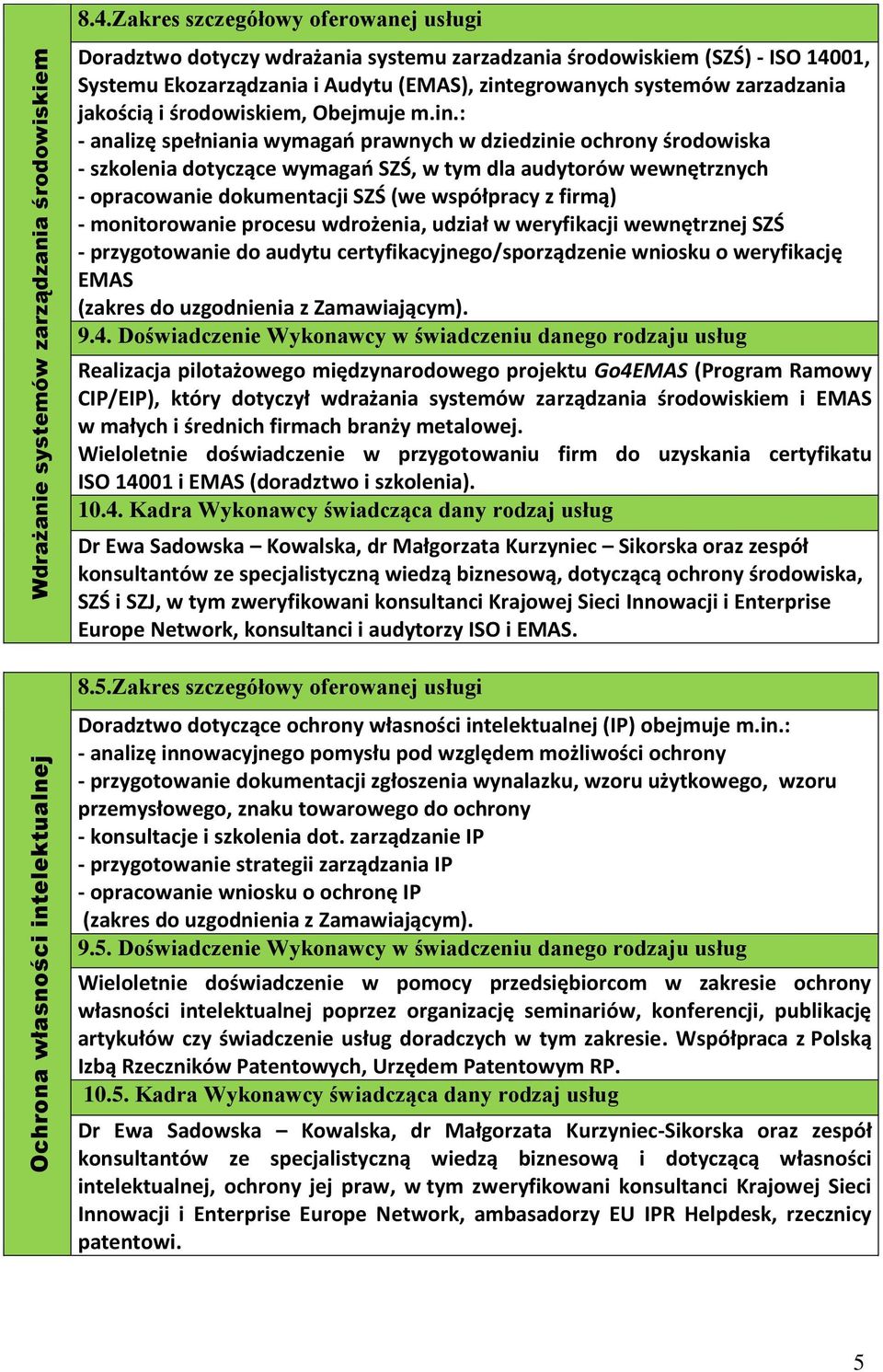 jakością i środowiskiem, Obejmuje m.in.