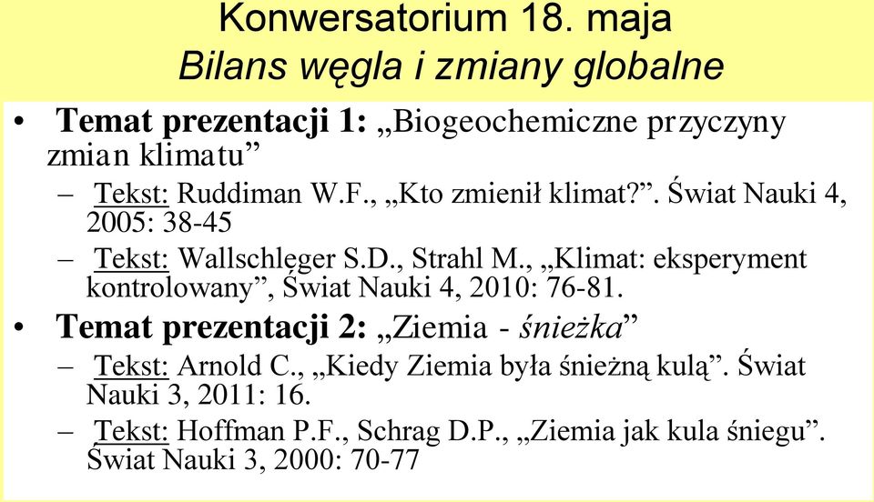 , Kto zmienił klimat?. Świat Nauki 4, 2005: 38-45 Tekst: Wallschleger S.D., Strahl M.