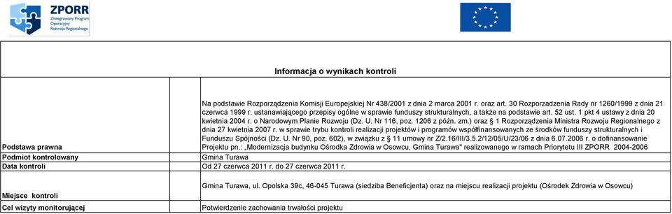 1206 z późn. zm.) oraz 1 Rozporządzenia Ministra Rozwoju Regionalnego z dnia 27 kwietnia 2007 r.