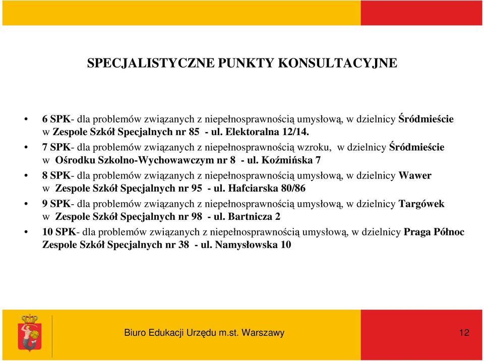 Koźmińska 7 8 SPK- dla problemów związanych z niepełnosprawnością umysłową, w dzielnicy Wawer w Zespole Szkół Specjalnych nr 95 - ul.