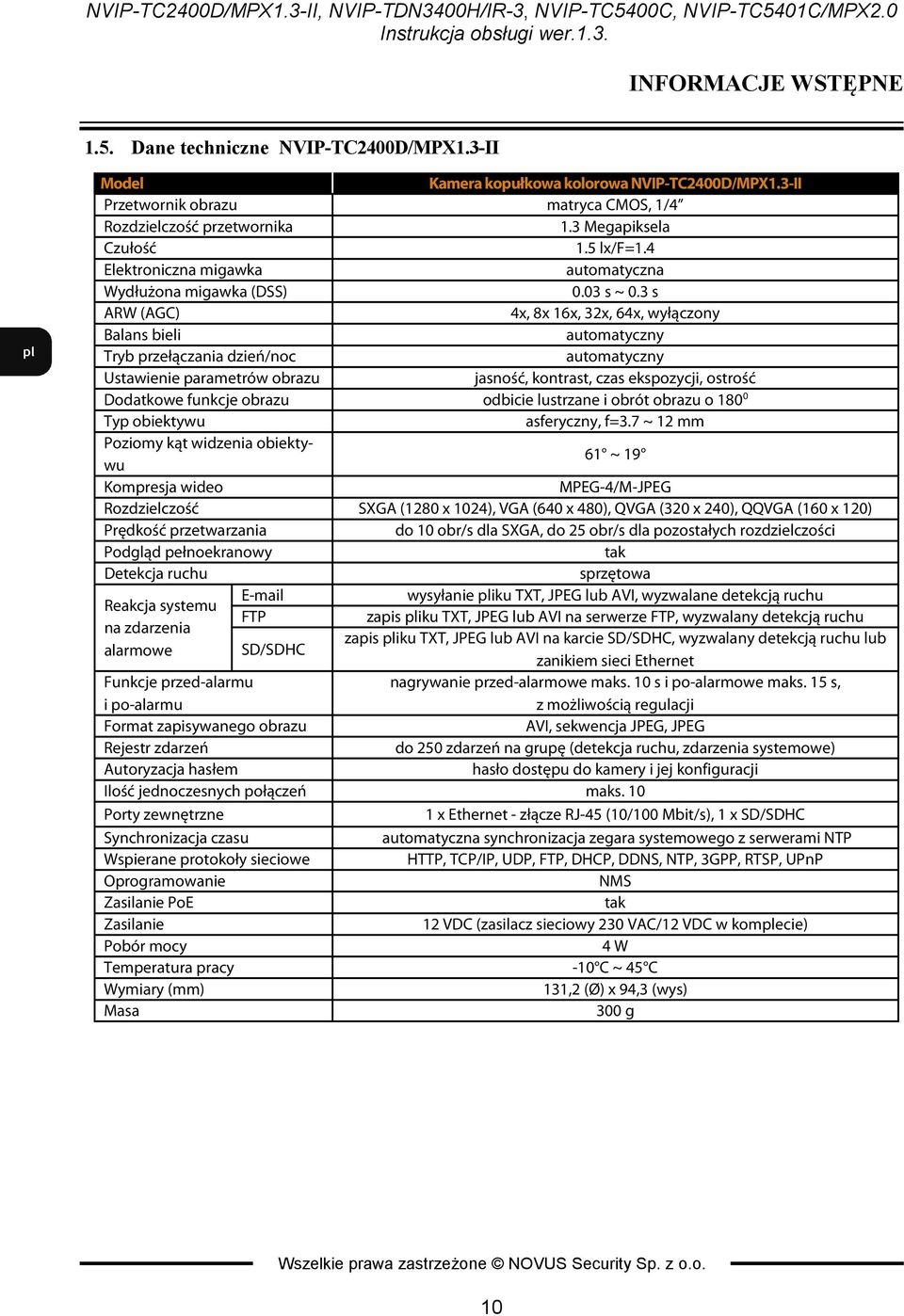 3 s ARW (AGC) 4x, 8x 16x, 32x, 64x, wyłączony Balans bieli automatyczny Tryb przełączania dzień/noc automatyczny Ustawienie parametrów obrazu jasność, kontrast, czas ekspozycji, ostrość Dodatkowe