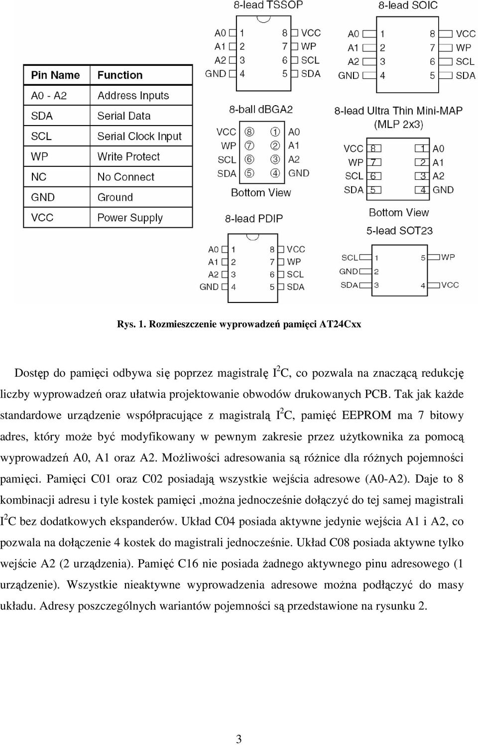Tak jak kaŝde standardowe urządzenie współpracujące z magistralą I 2 C, pamięć EEPROM ma 7 bitowy adres, który moŝe być modyfikowany w pewnym zakresie przez uŝytkownika za pomocą wyprowadzeń A0, A1