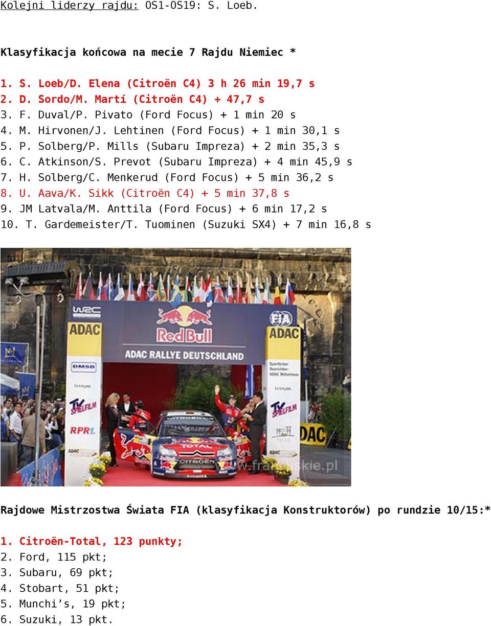 Prevot (Subaru Impreza) + 4 min 45,9 s 7. H. Solberg/C. Menkerud (Ford Focus) + 5 min 36,2 s 8. U. Aava/K. Sikk (Citroën C4) + 5 min 37,8 s 9. JM Latvala/M. Anttila (Ford Focus) + 6 min 17,2 s 10. T.