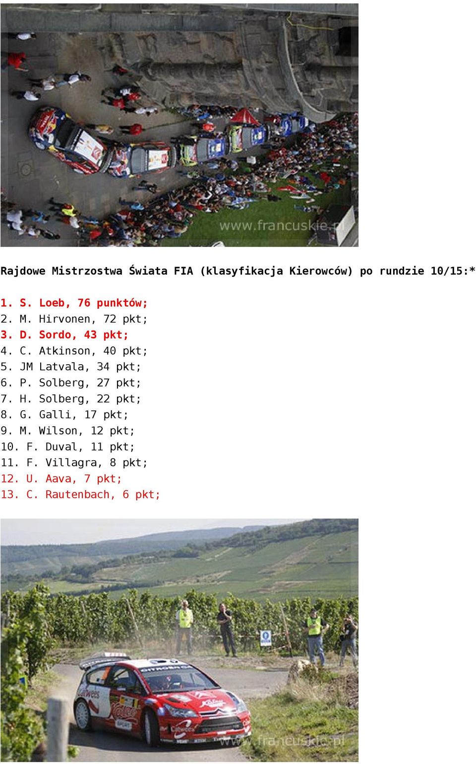 JM Latvala, 34 pkt; 6. P. Solberg, 27 pkt; 7. H. Solberg, 22 pkt; 8. G. Galli, 17 pkt; 9. M.