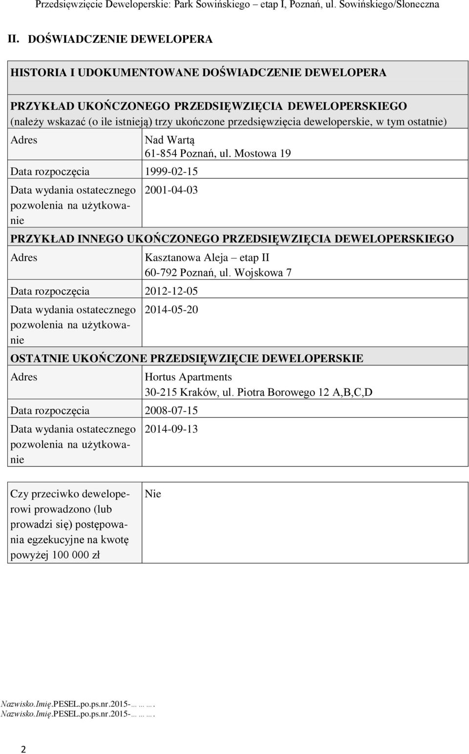 Mostowa 19 2001-04-03 PRZYKŁAD INNEGO UKOŃCZONEGO PRZEDSIĘWZIĘCIA DEWELOPERSKIEGO Adres Data rozpoczęcia 2012-12-05 Data wydania ostatecznego pozwolenia na użytkowanie Kasztanowa Aleja etap II 60-792