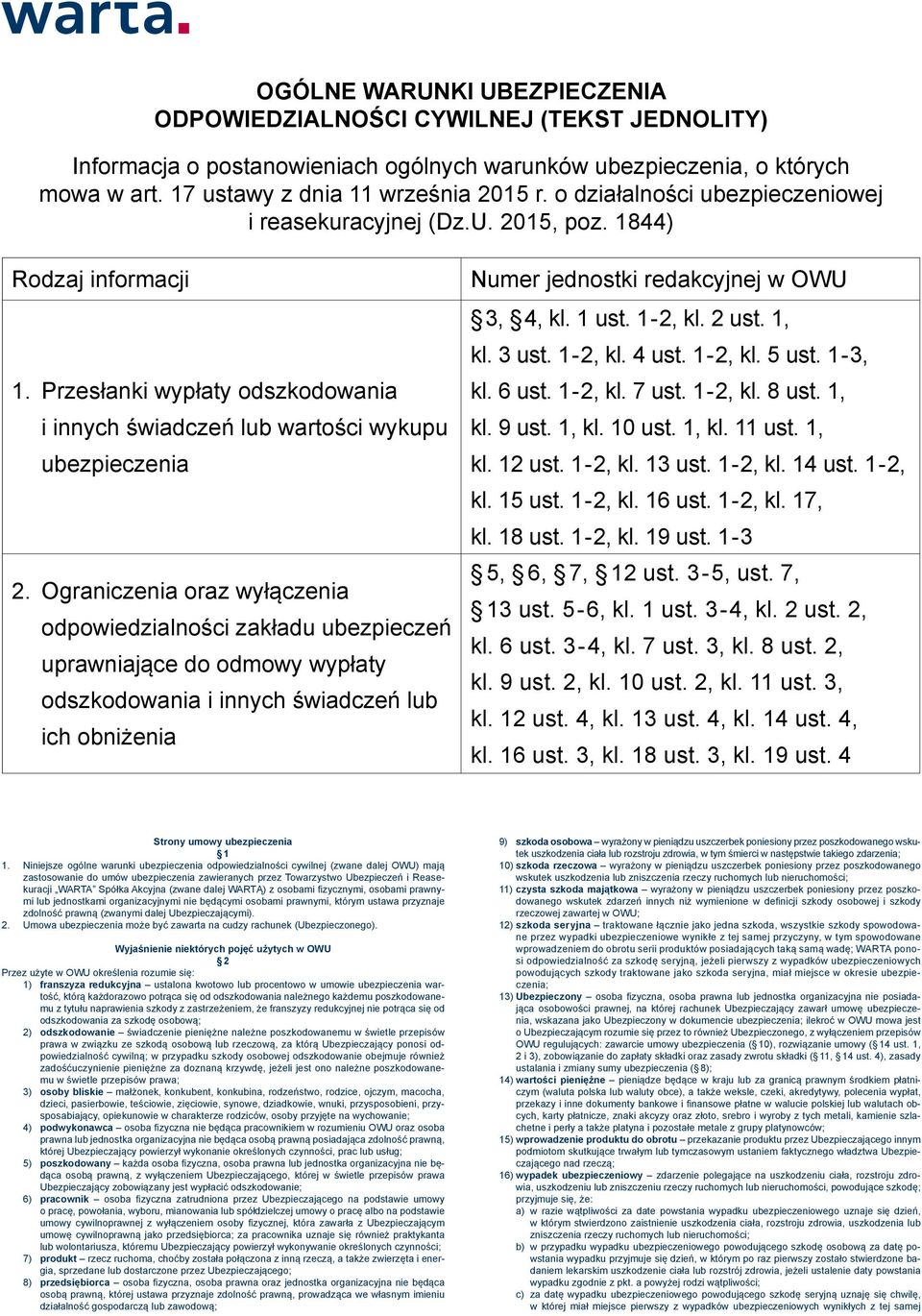 Ograniczenia oraz wyłączenia odpowiedzialności zakładu ubezpieczeń uprawniające do odmowy wypłaty odszkodowania i innych świadczeń lub ich obniżenia Numer jednostki redakcyjnej w OWU 3, 4, kl. 1 ust.