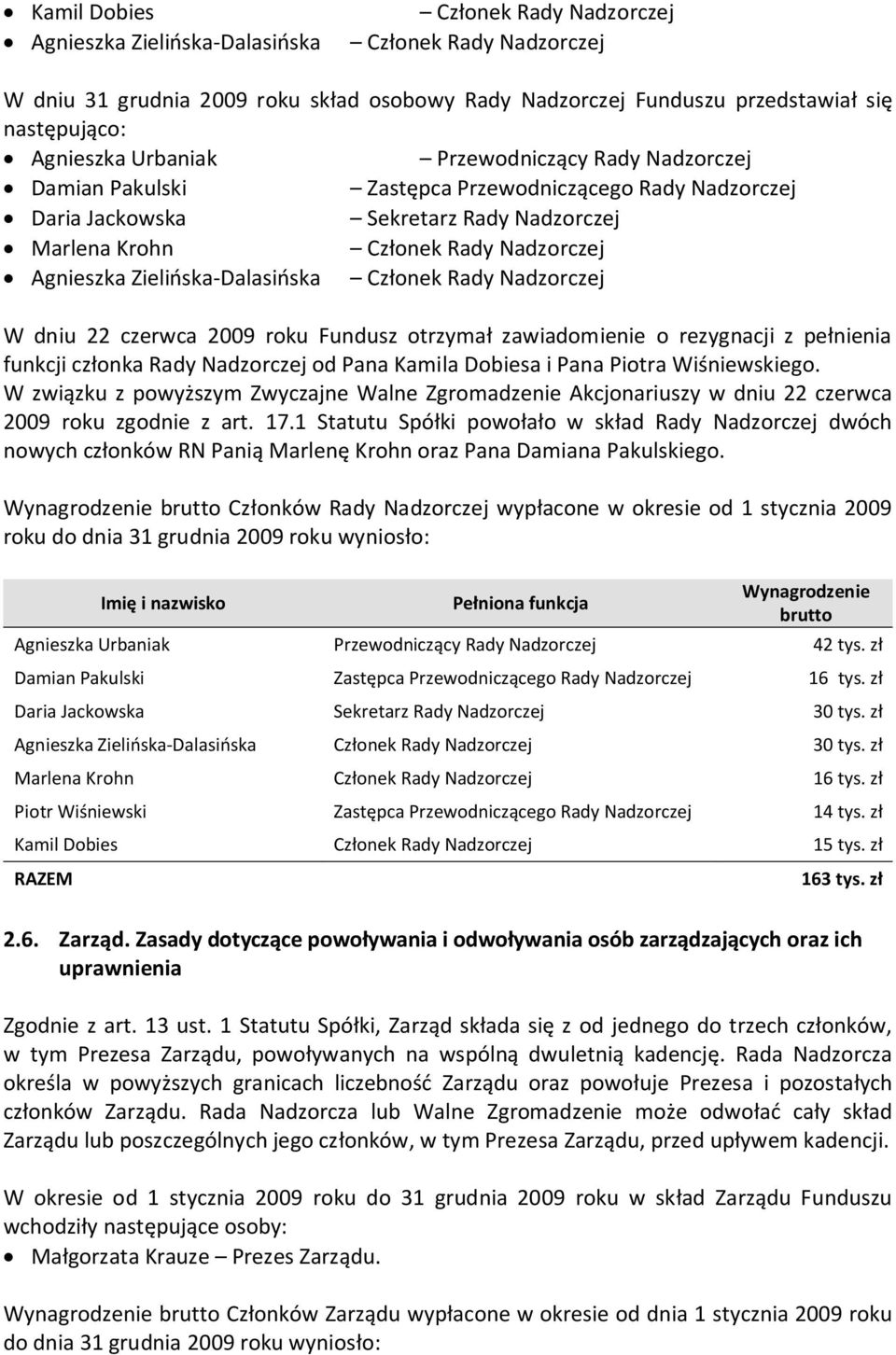Zielińska-Dalasińska Członek Rady Nadzorczej W dniu 22 czerwca 2009 roku Fundusz otrzymał zawiadomienie o rezygnacji z pełnienia funkcji członka Rady Nadzorczej od Pana Kamila Dobiesa i Pana Piotra