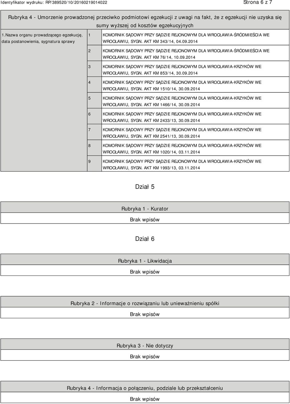 2014 2 KOMORNIK SĄDOWY PRZY SĄDZIE REJONOWYM DLA WROCŁAWIA-ŚRÓDMIEŚCIA WE WROCŁAWIU, SYGN. AKT KM 76/14, 10.09.2014 3 KOMORNIK SĄDOWY PRZY SĄDZIE REJONOWYM DLA WROCŁAWIA-KRZYKÓW WE WROCŁAWIU, SYGN.