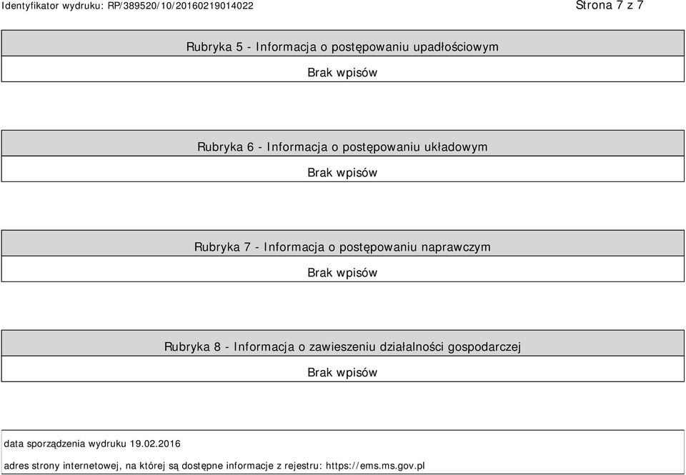 Informacja o zawieszeniu działalności gospodarczej data sporządzenia wydruku 19.02.