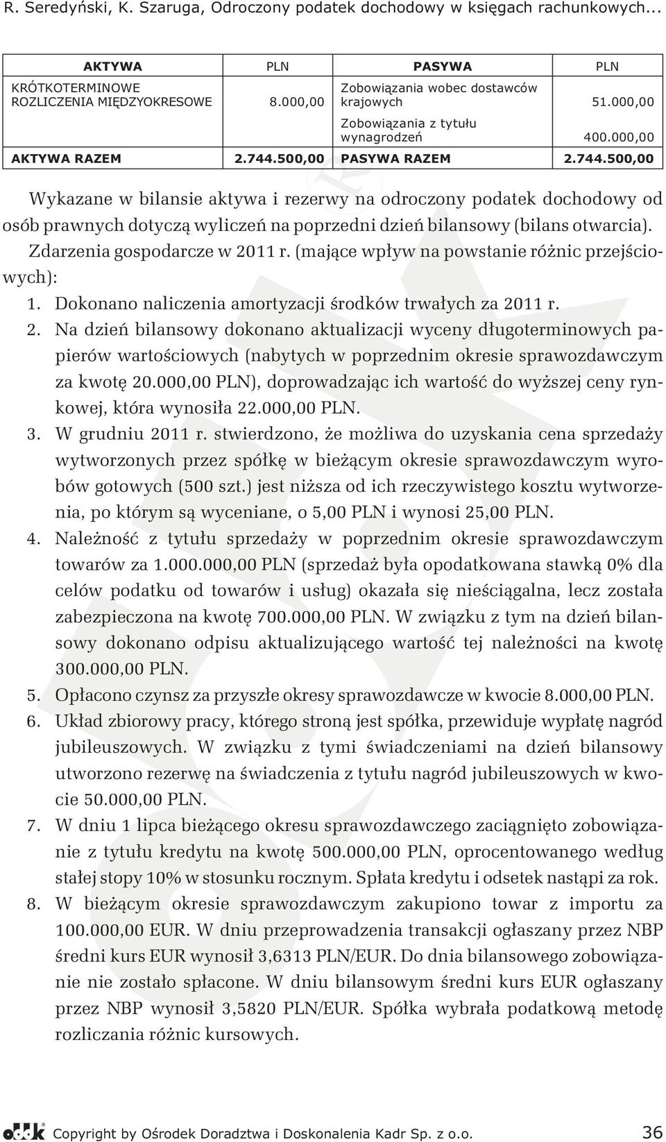 Zdarzenia gospodarcze w 2011 r. (mające wpływ na powstanie różnic przejściowych): 1. Dokonano naliczenia amortyzacji środków trwałych za 2011 r. 2. Na dzień bilansowy dokonano aktualizacji wyceny długoterminowych papierów wartościowych (nabytych w poprzednim okresie sprawozdawczym za kwotę 20.