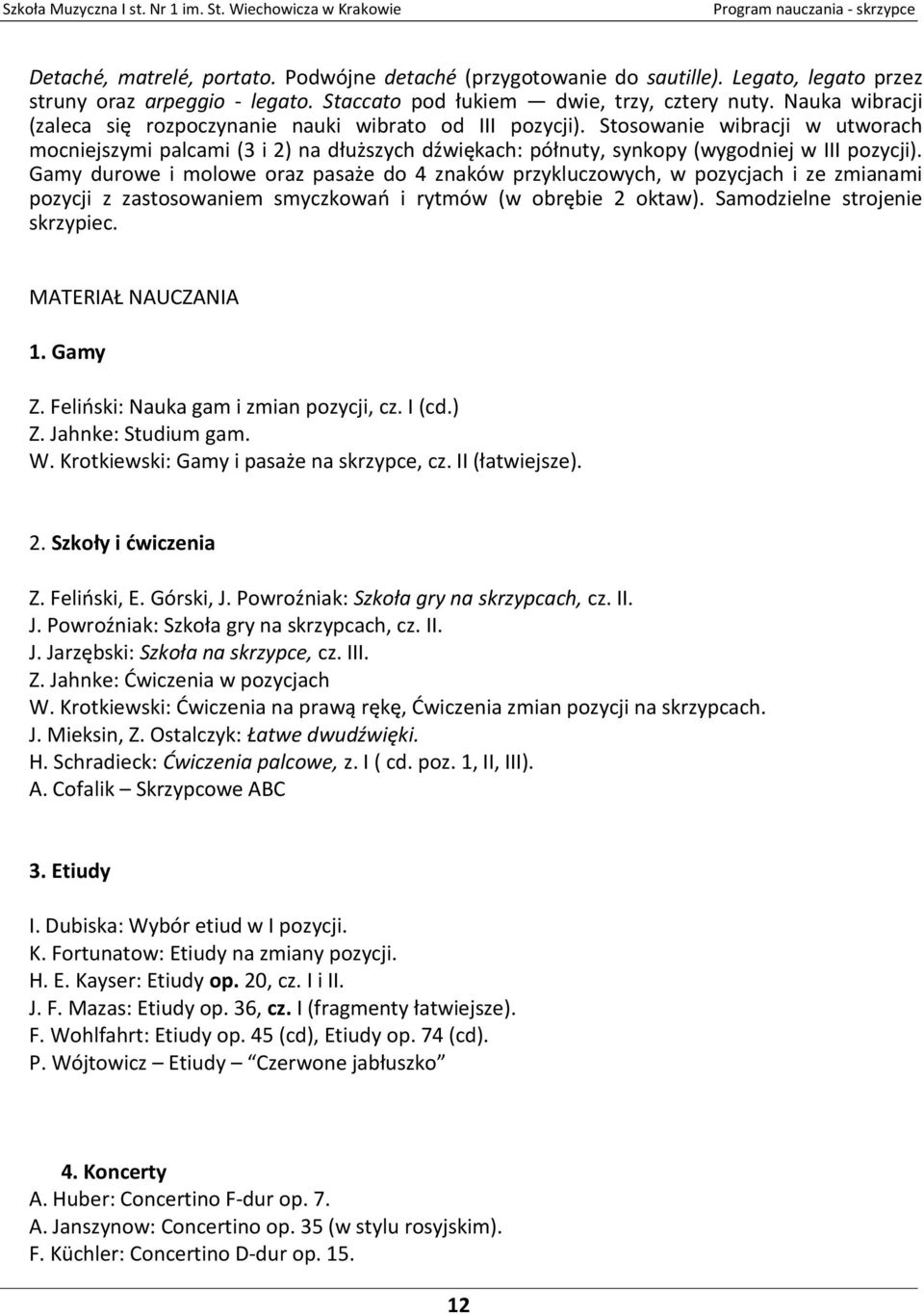 Gamy durowe i molowe oraz pasaże do 4 znaków przykluczowych, w pozycjach i ze zmianami pozycji z zastosowaniem smyczkowań i rytmów (w obrębie 2 oktaw). Samodzielne strojenie skrzypiec.