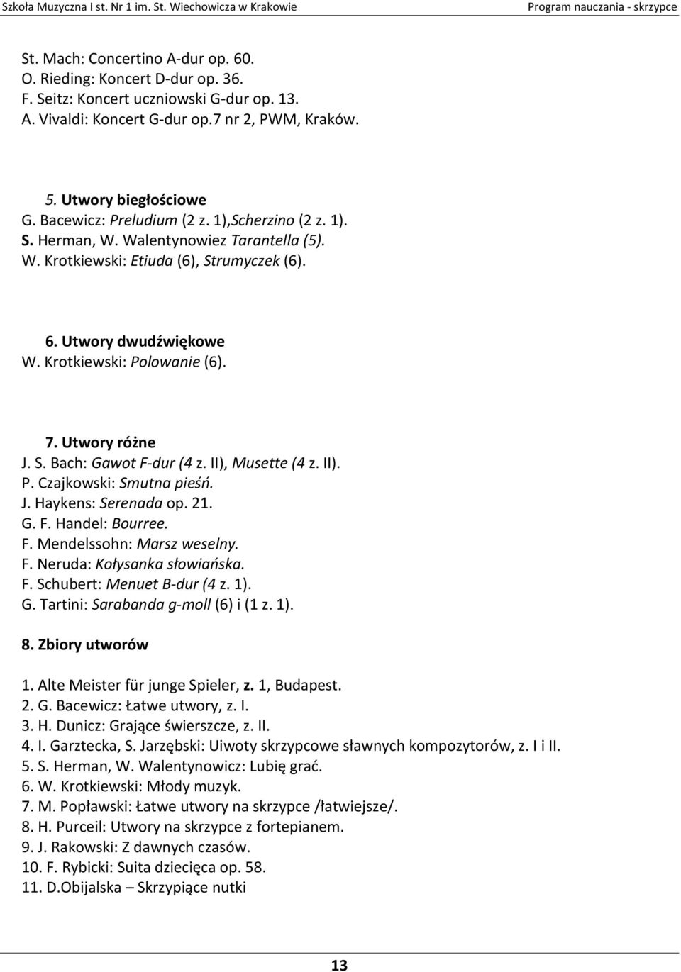 Utwory różne J. S. Bach: Gawot F-dur (4 z. II), Musette (4 z. II). P. Czajkowski: Smutna pieśń. J. Haykens: Serenada op. 21. G. F. Handel: Bourree. F. Mendelssohn: Marsz weselny. F. Neruda: Kołysanka słowiańska.