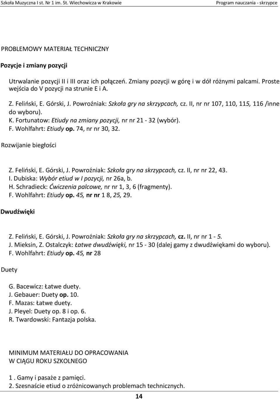 74, nr nr 30, 32. Rozwijanie biegłości Z. Feliński, E. Górski, J. Powroźniak: Szkoła gry na skrzypcach, cz. II, nr nr 22, 43. I. Dubiska: Wybór etiud w I pozycji, nr 26a, b. H.