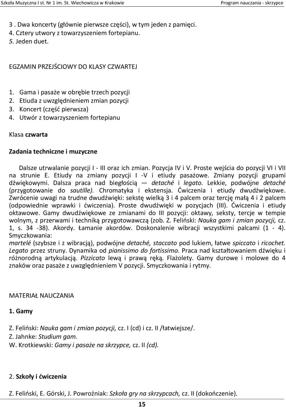 Utwór z towarzyszeniem fortepianu Klasa czwarta Zadania techniczne i muzyczne Dalsze utrwalanie pozycji I - III oraz ich zmian. Pozycja IV i V. Proste wejścia do pozycji VI i VII na strunie E.