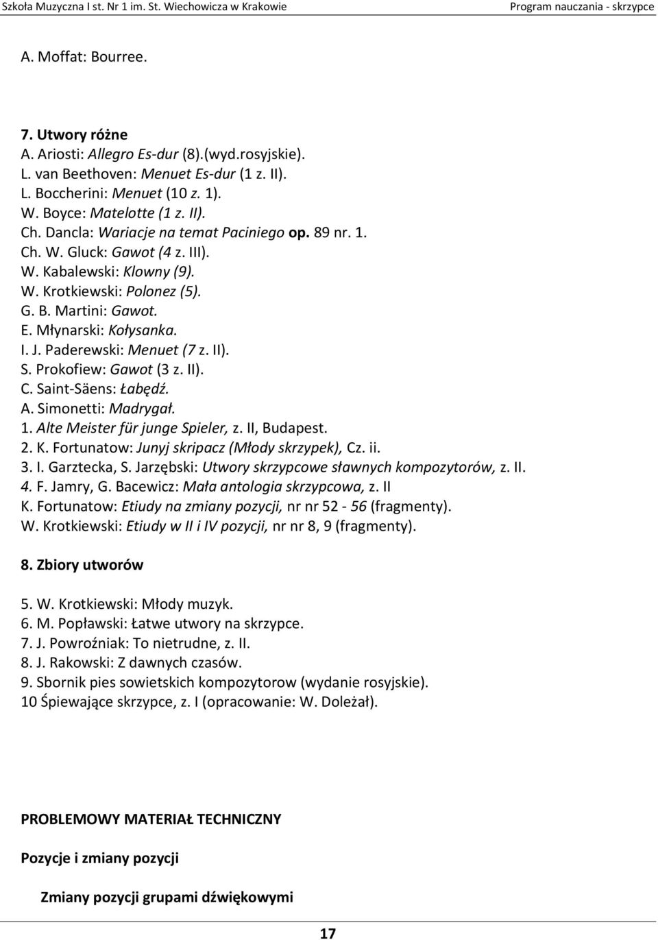 Paderewski: Menuet (7 z. II). S. Prokofiew: Gawot (3 z. II). C. Saint-Säens: Łabędź. A. Simonetti: Madrygał. 1. Alte Meister für junge Spieler, z. II, Budapest. 2. K.