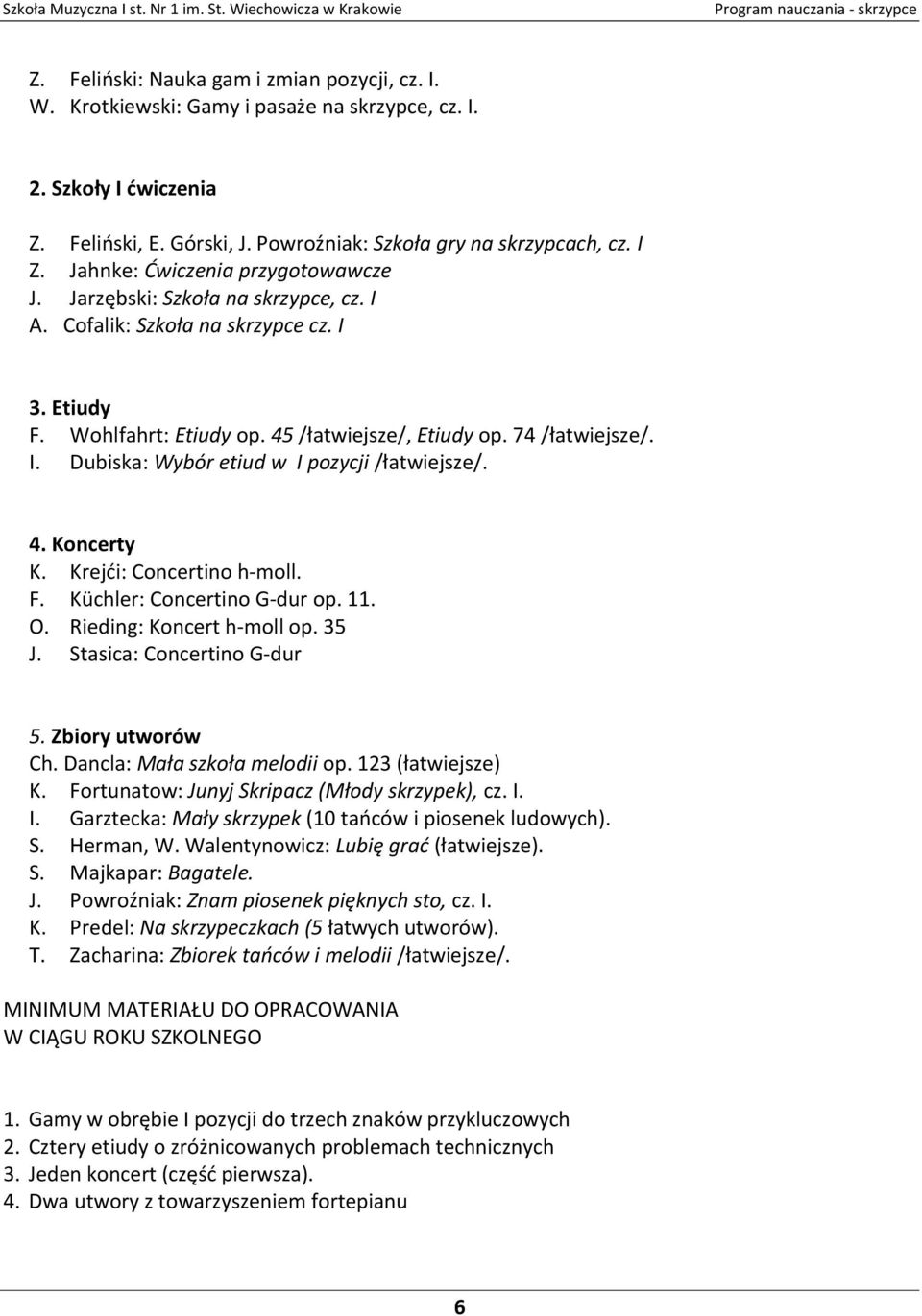 4. Koncerty K. Krejći: Concertino h-moll. F. Küchler: Concertino G-dur op. 11. O. Rieding: Koncert h-moll op. 35 J. Stasica: Concertino G-dur 5. Zbiory utworów Ch. Dancla: Mała szkoła melodii op.