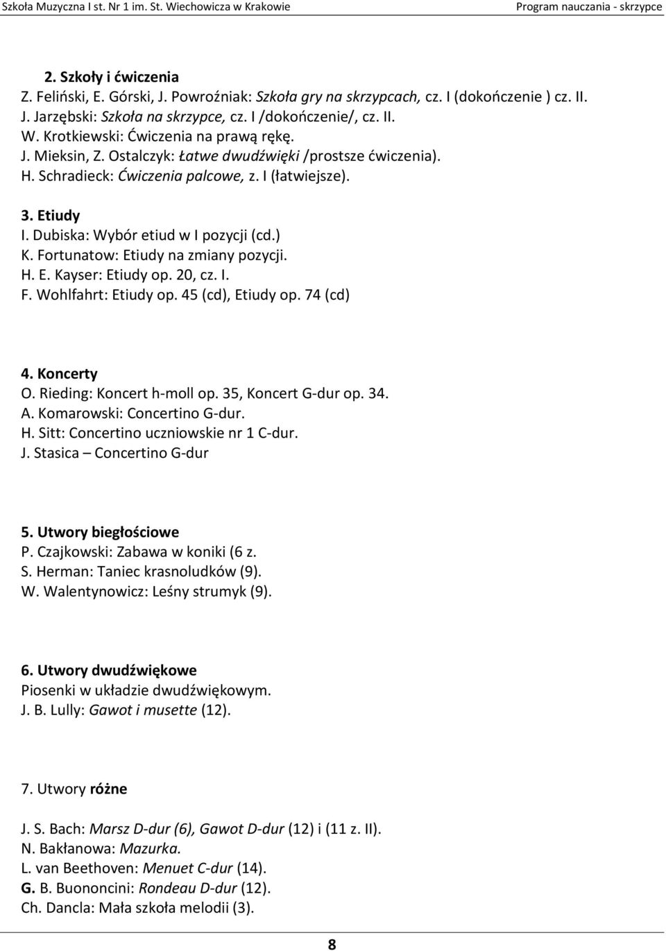 Dubiska: Wybór etiud w I pozycji (cd.) K. Fortunatow: Etiudy na zmiany pozycji. H. E. Kayser: Etiudy op. 20, cz. I. F. Wohlfahrt: Etiudy op. 45 (cd), Etiudy op. 74 (cd) 4. Koncerty O.