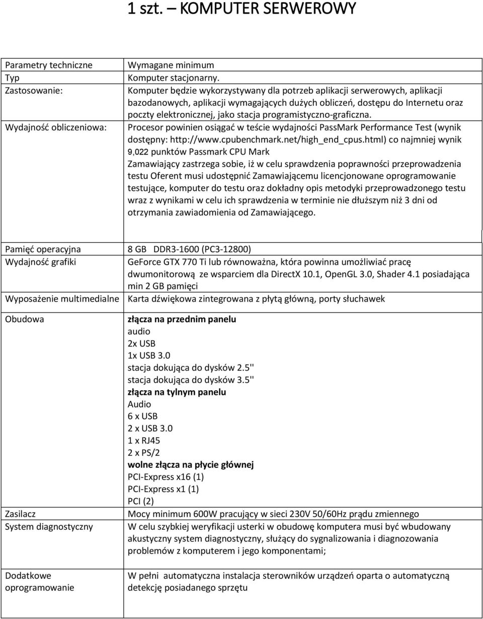 programistyczno-graficzna. Procesor powinien osiągać w teście wydajności PassMark Performance Test (wynik dostępny: http://www.cpubenchmark.net/high_end_cpus.