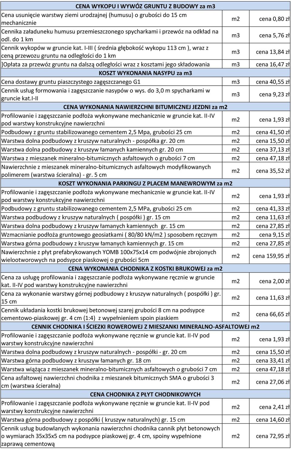 I-III ( średnia głębokość wykopu 113 cm ), wraz z ceną przewozu gruntu na odległości do 1 km m3 cena 13,84 zł ]Opłata za przewóz gruntu na dalszą odległości wraz z kosztami jego składowania m3 cena