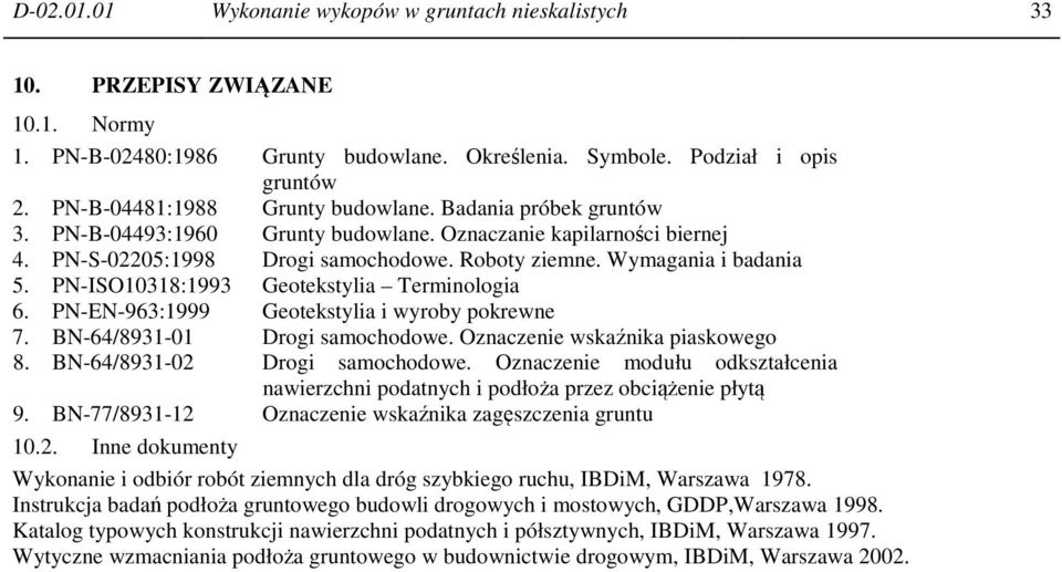 Wymagania i badania 5. PN-ISO10318:1993 Geotekstylia Terminologia 6. PN-EN-963:1999 Geotekstylia i wyroby pokrewne 7. BN-64/8931-01 Drogi samochodowe. Oznaczenie wskaźnika piaskowego 8.