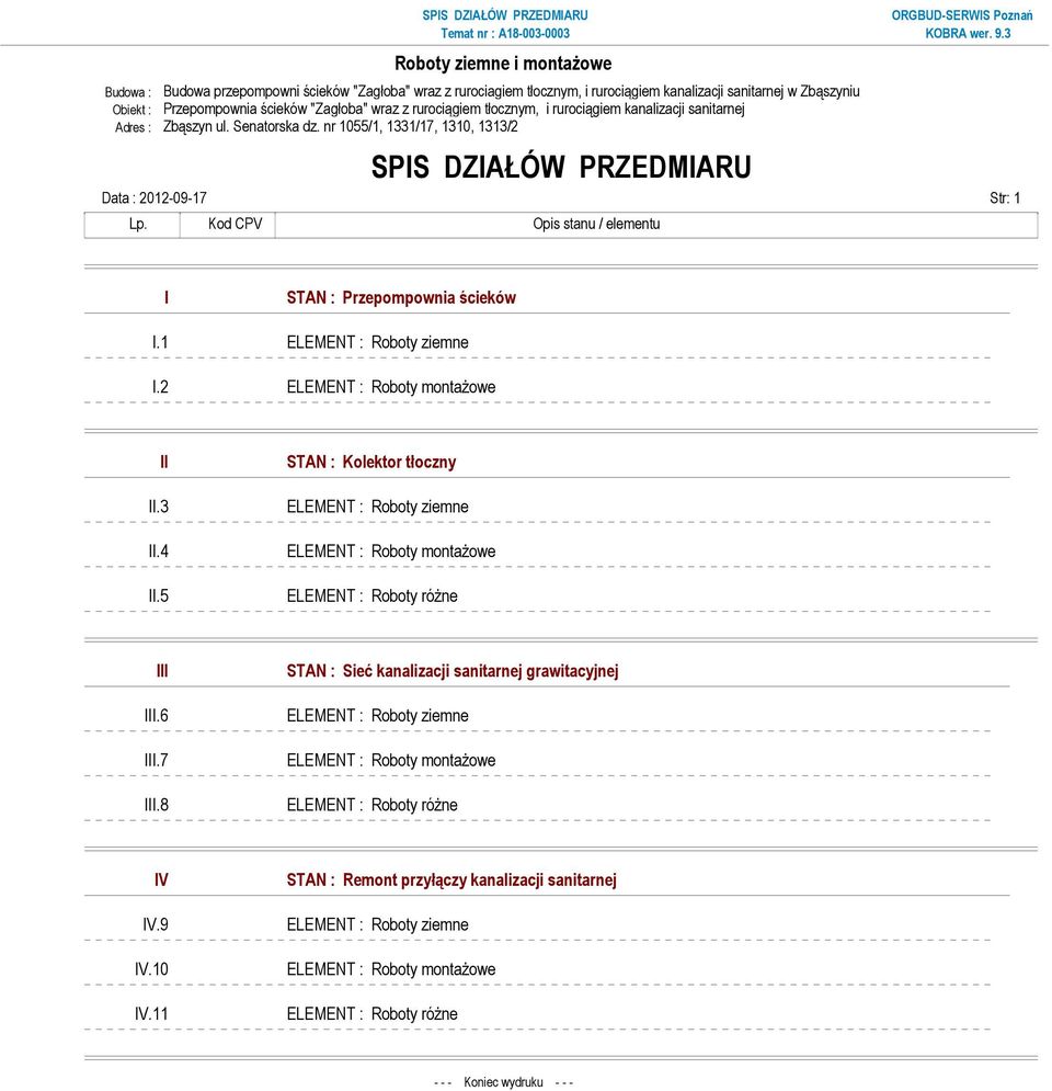 Kod CPV Opis stanu / elementu I STAN : Przepompownia ścieków I.1 ELEMENT : Roboty ziemne I.2 ELEMENT : Roboty montaŝowe II II.3 II.4 II.