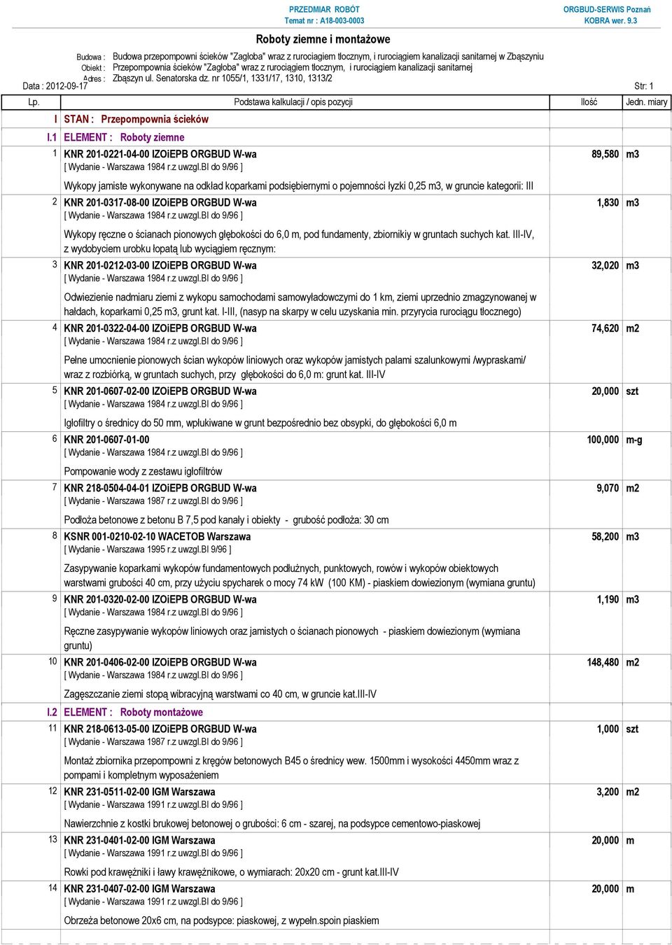 1 ELEMENT : Roboty ziemne 1 KNR 201-0221-04-00 IZOiEPB ORGBUD W-wa 89,580 m3 Wykopy jamiste wykonywane na odkład koparkami podsiębiernymi o pojemności łyzki 0,25 m3, w gruncie kategorii: III 2 KNR