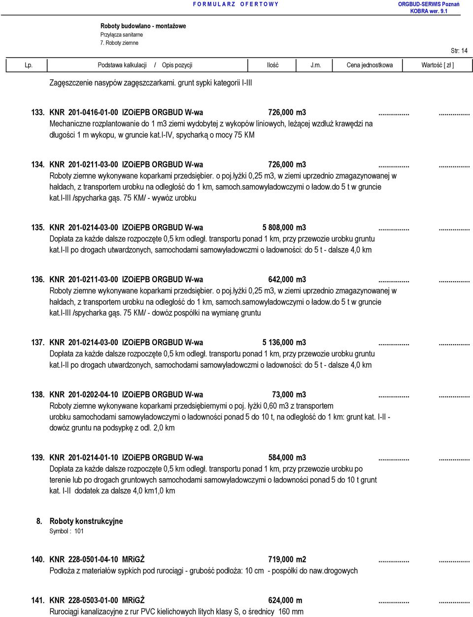 KNR 201-0211-03-00 IZOiEPB ORGBUD W-wa 726,000 m3...... Roboty ziemne wykonywane koparkami przedsiębier. o poj.