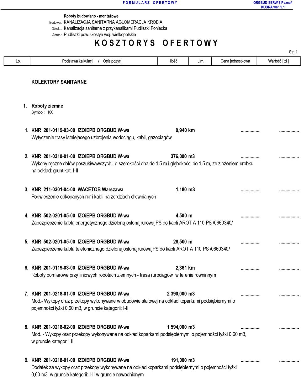 ..... Wytyczenie trasy istniejacego uzbrojenia wodociągu, kabli, gazociągów 2. KNR 201-0310-01-00 IZOiEPB ORGBUD W-wa 376,000 m3.