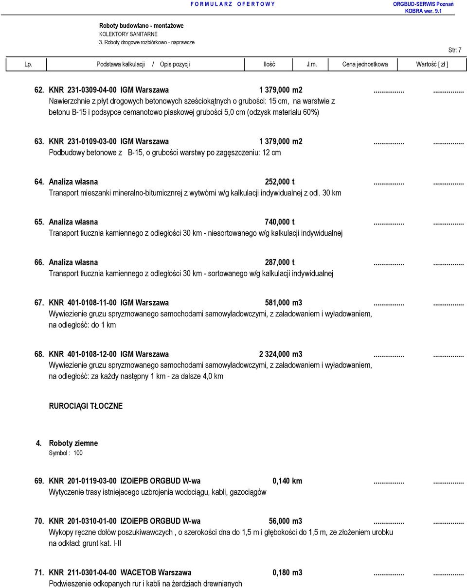 KNR 231-0109-03-00 IGM Warszawa 1 379,000 m2...... Podbudowy betonowe z B-15, o grubości warstwy po zagęszczeniu: 12 cm 64. Analiza własna 252,000 t.