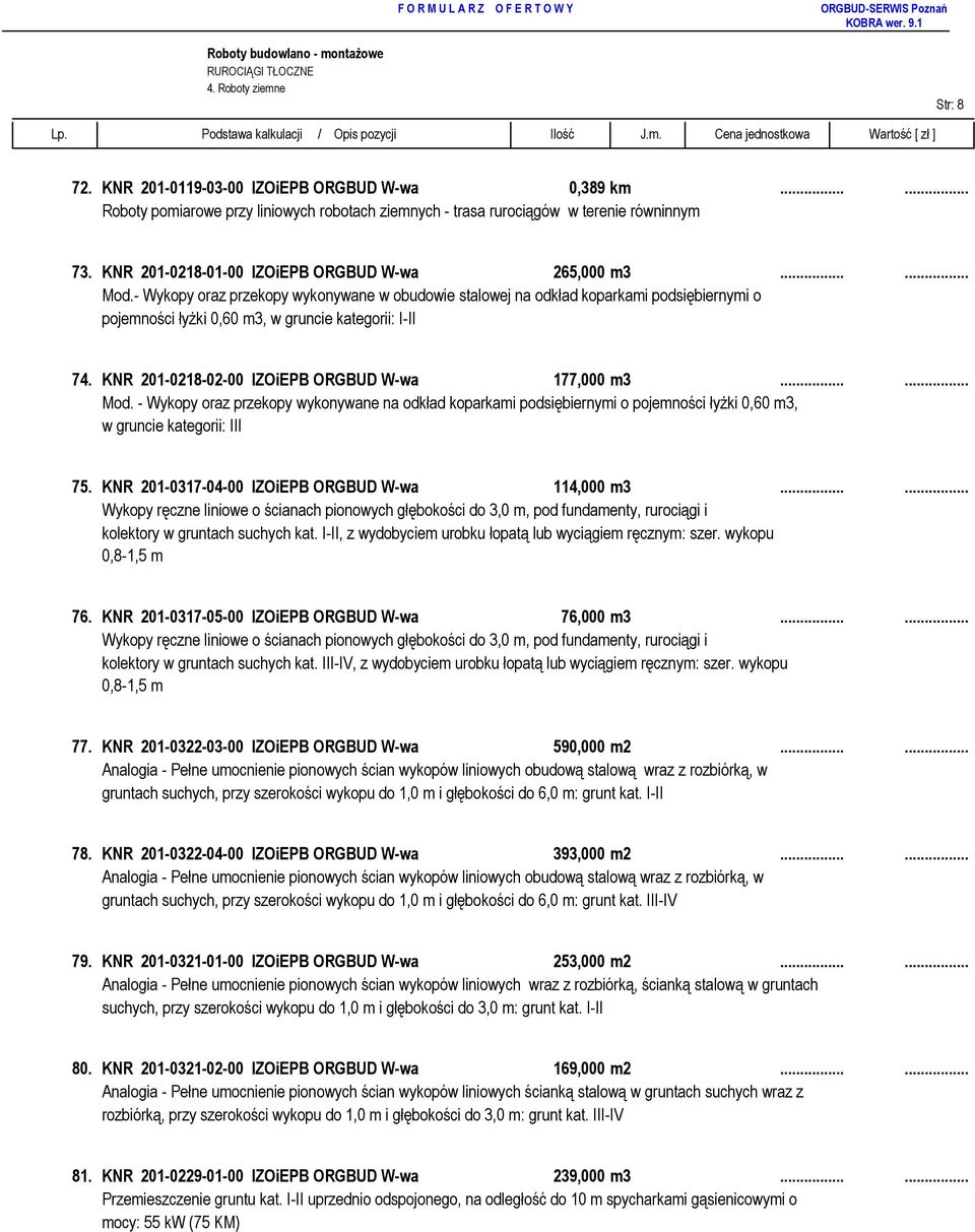 - Wykopy oraz przekopy wykonywane w obudowie stalowej na odkład koparkami podsiębiernymi o pojemności łyŝki 0,60 m3, w gruncie kategorii: I-II 74. KNR 201-0218-02-00 IZOiEPB ORGBUD W-wa 177,000 m3.