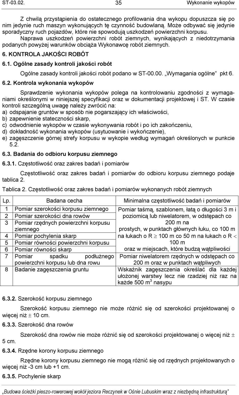 Naprawa uszkodzeń powierzchni robót ziemnych, wynikających z niedotrzymania podanych powyżej warunków obciąża Wykonawcę robót ziemnych. 6. KONTROLA JAKOŚCI ROBÓT 6.1.