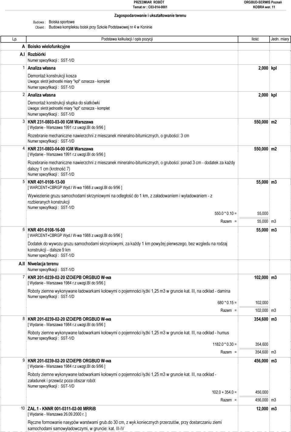 jednostki miary "kpl" oznacza - komplet 3 KNR 231-0803-03-00 IGM Warszawa 550,000 m2 Rozebranie mechaniczne nawierzchni z mieszanek mineralno-bitumicznych, o grubości: 3 cm 4 KNR 231-0803-04-00 IGM