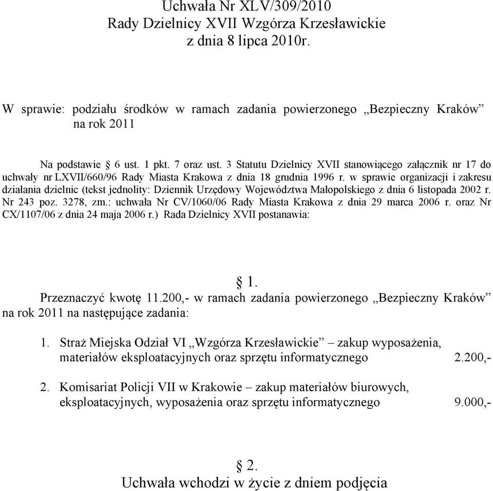 w sprawie organizacji i zakresu działania dzielnic (tekst jednolity: Dziennik Urzędowy Województwa Małopolskiego z dnia 6 listopada 2002 r. Nr 243 poz. 3278, zm.