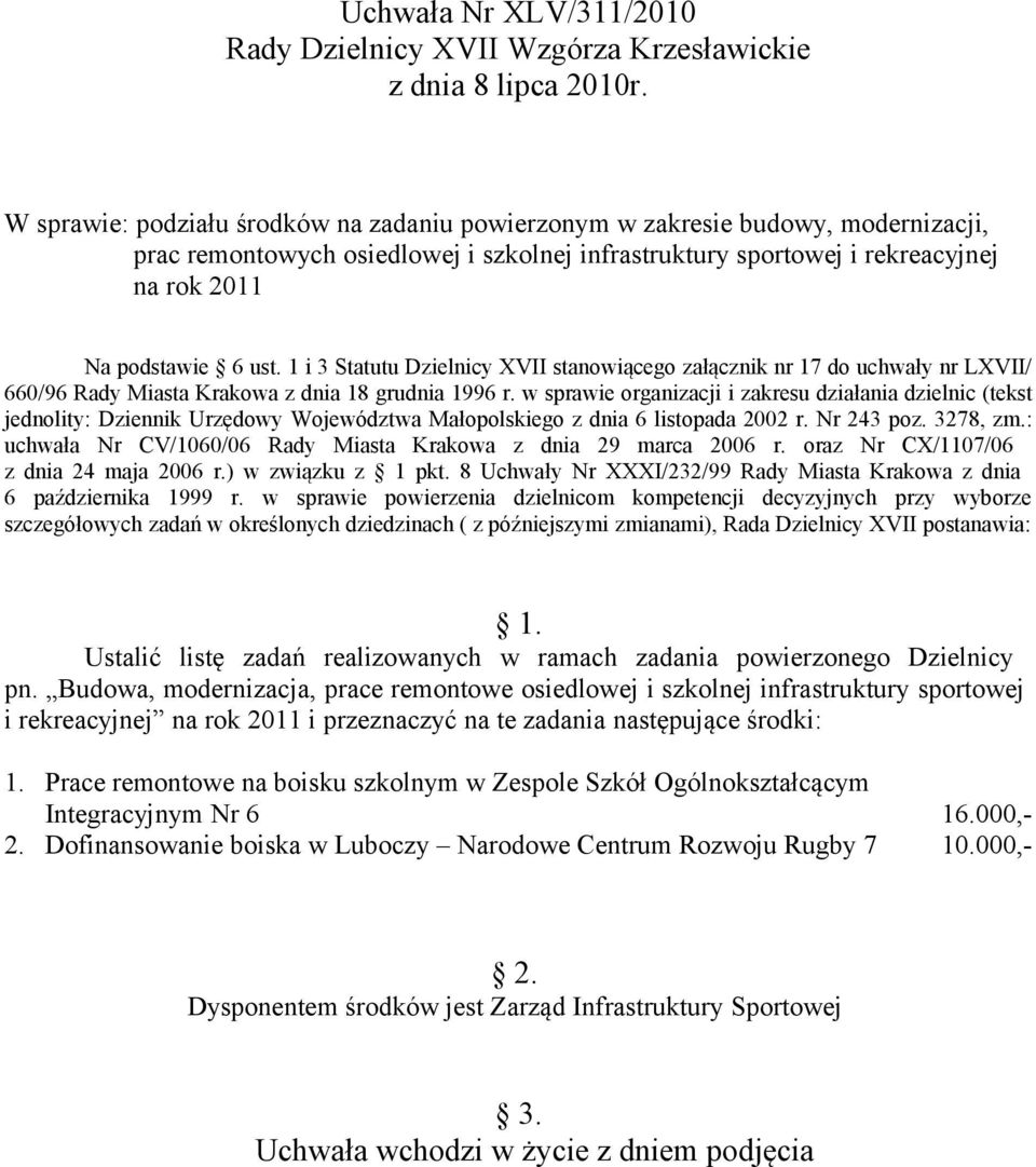 w sprawie organizacji i zakresu działania dzielnic (tekst jednolity: Dziennik Urzędowy Województwa Małopolskiego z dnia 6 listopada 2002 r. Nr 243 poz. 3278, zm.