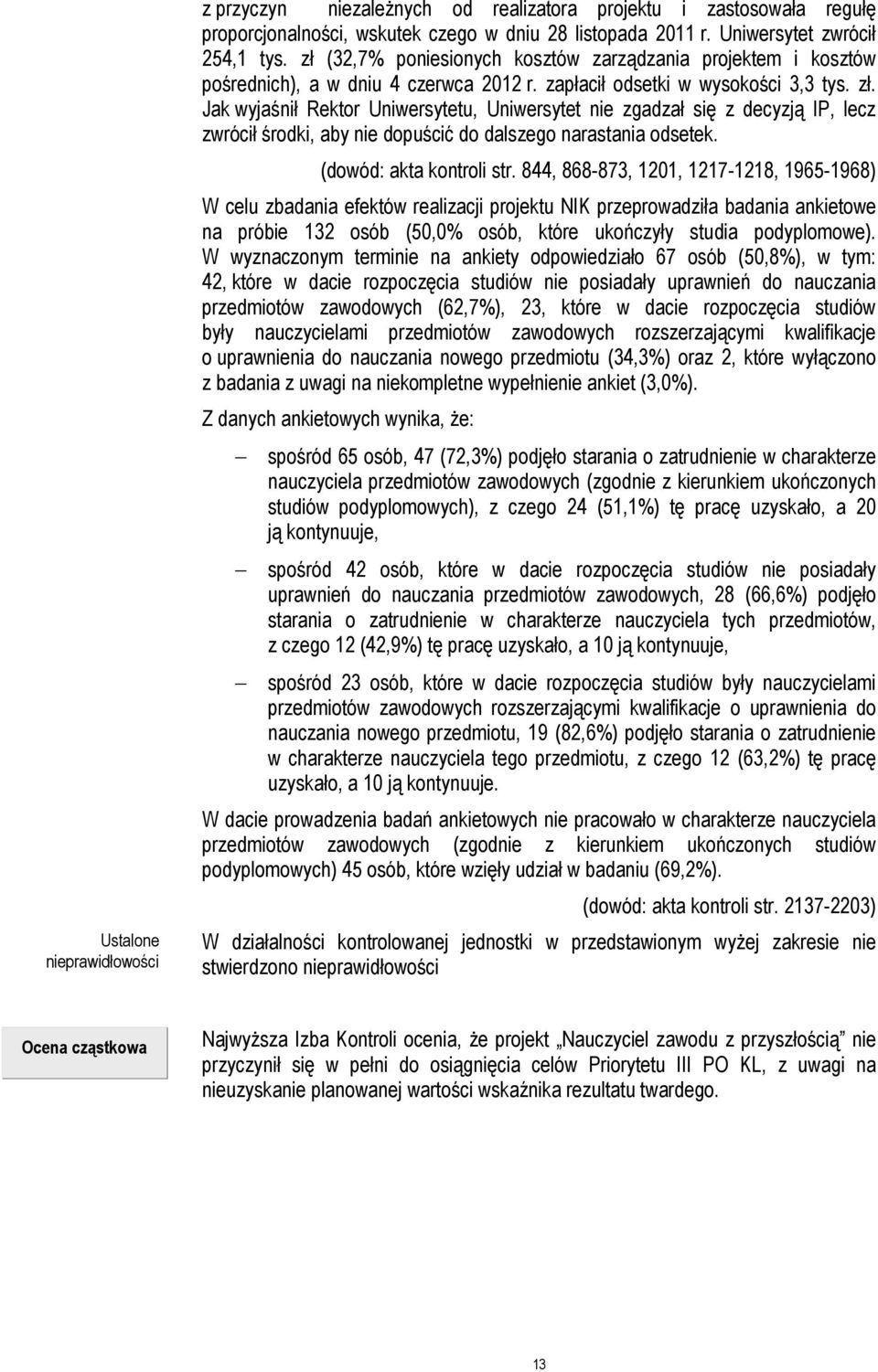 Jak wyjaśnił Rektor Uniwersytetu, Uniwersytet nie zgadzał się z decyzją IP, lecz zwrócił środki, aby nie dopuścić do dalszego narastania odsetek. (dowód: akta kontroli str.